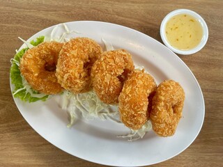 shrimp fish-cake in donut shape Thai traditional appetizer dish