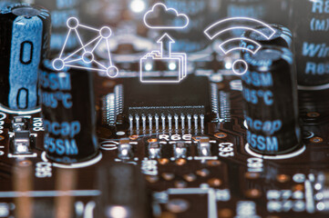 Closeup of Printed Circuit Board with processor, integrated circuits and many other surface mounted...