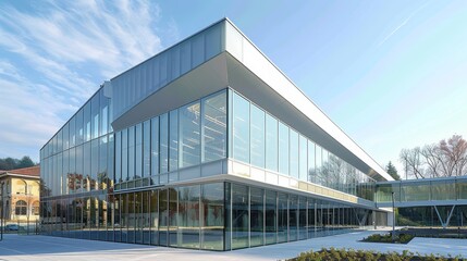 Fototapeta premium Modern building with a glass and metal cladding facade, cultural centre, large windows. Generative AI.