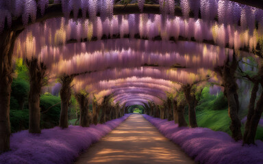 Wisteria tunnel in full bloom, Kawachi Fuji Gardens, Japan, vibrant purples, magical pathway