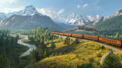 Naklejka premium Scenic train routes wind through majestic mountains, picturesque valleys, and charming countryside, offering passengers an unforgettable journey through diverse landscapes