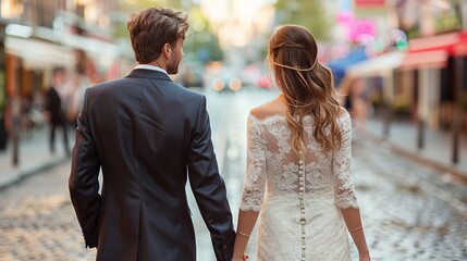 A bride and groom are walking down a cobblestone street, surrounded by historic buildings and...