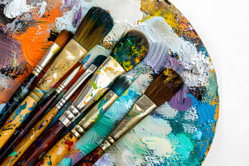 Fototapeta premium A detailed photo of a set of artist’s paintbrushes and a palette on a solid white background 