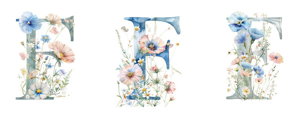 Ai Generated Art Watercolor Set of Multiple Different Pastel Capital F Letters With the Wild Flowers On a White Background