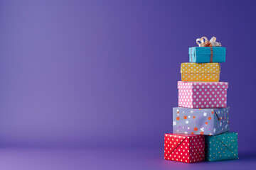 A high-resolution photo of a stack of colorful gift boxes on a solid purple background 