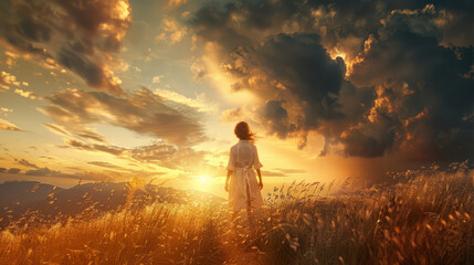 Woman standing in a field gazing at a dramatic sunset