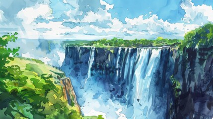 Naklejka premium A watercolor rendition captures the majestic Victoria Falls in vivid blues and greens, showing the powerful cascade of water plummeting into the gorge below. Mist rises from the churning waters at the