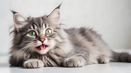 Image of main coon cat on white background. Pet. Animals,Cute maine coon cat lying on a white backgroundPretty Maine Coon Cat sitting on resting place at home