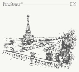 Hand drawn vector illustration of Eiffel Tower, Paris streets