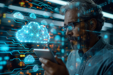 A man is looking at a tablet with a cloud on it