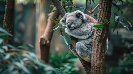 Fototapeta premium An inspiring image showcasing the tranquility of a koala bear in its natural habitat, peacefully seated on a tree branch and nibbling on leaves, making it a serene choice for a 4K wallpaper.