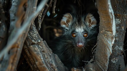 A black and white aye-aye, a nocturnal primate, is peeking out of a hole in a tree, possibly foraging for food or seeking shelter.