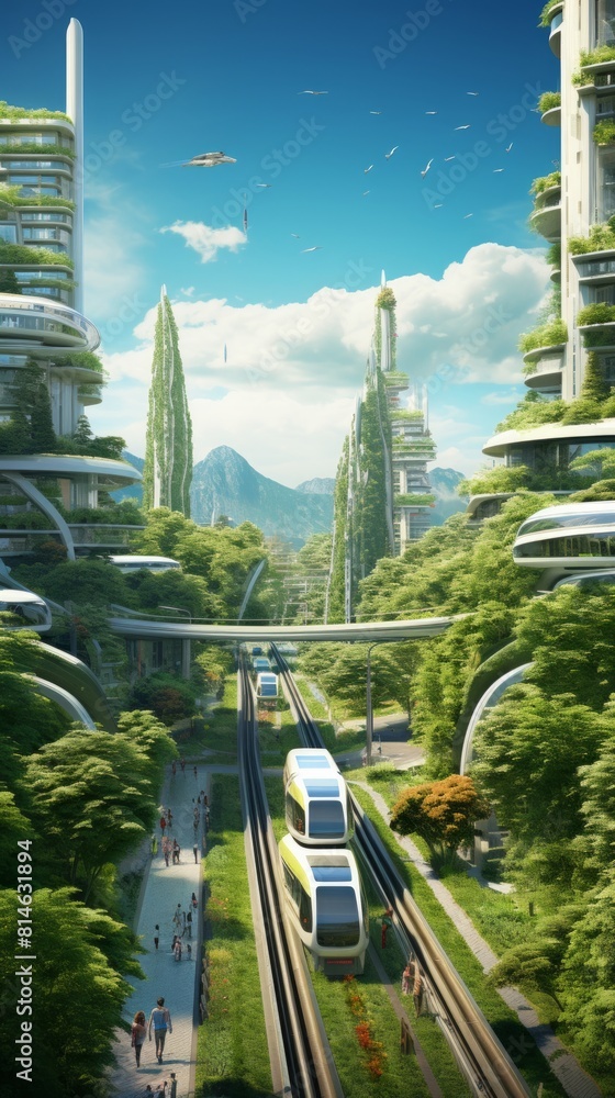 Poster Generative AI A digitally enhanced urban landscape with towering eco-friendly structures, integrated green spaces, and advanced transportation systems powered by renewable energy sources