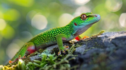 Fototapeta premium A green lizard perched atop a rock in a natural setting, basking in the sun and blending with its surroundings.