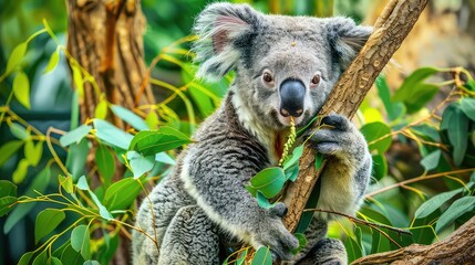 A dynamic image featuring a close-up view of a koala bear enjoying its favorite meal while perched on a tree branch, offering a captivating scene for a 4K wallpaper.