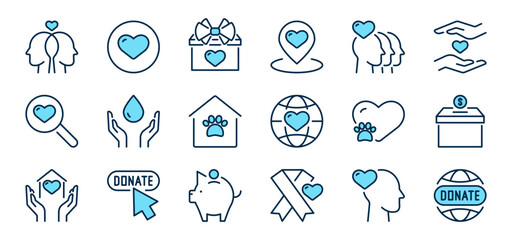 Charity and donate color blue line icons set 2. Volunteer, donation, monetary assistance, help, animals, donor sign and symbol. Isolated on a white background. Pixel perfect. Editable stroke. 64x64.