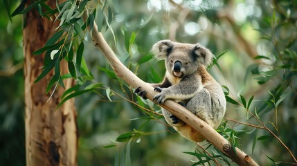 A mesmerizing 4K wallpaper featuring a koala bear perched on a branch of a tree, peacefully munching on eucalyptus leaves.