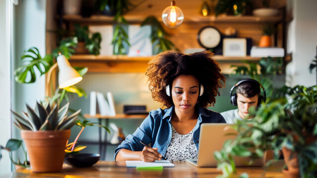A focused African American woman taking notes while working on her laptop in a modern home office environment.