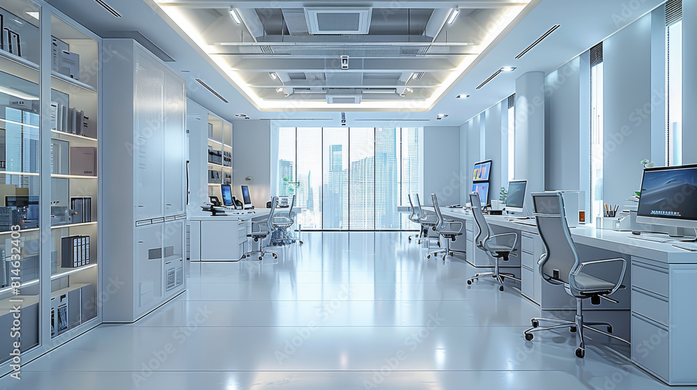 Aufkleber modern office room with many desks and populated with office stuff. generative ai.