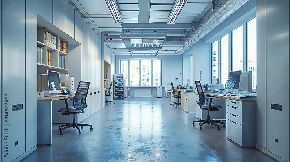 Aufkleber modern office room with many desks and populated with office stuff. generative ai.