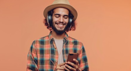 Fototapeta premium Smiling young man in a straw hat and checked shirt texting on a mobile phone against a vibrant coral background, evoking a happy, summery atmosphere.