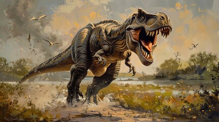 Dynamic T-Rex in action: A vivid portrayal of prehistoric life and power