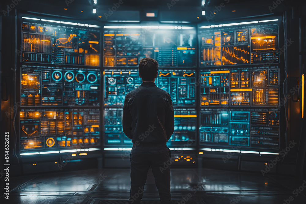 Poster a man stands in front of a computer monitor with a large number of screens