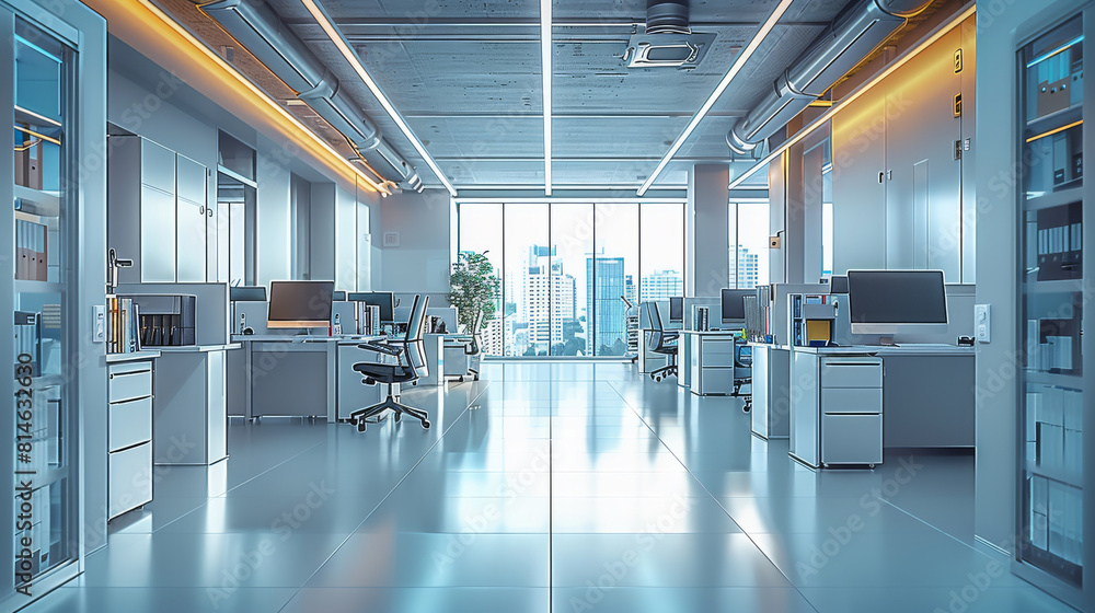 Aufkleber modern office room with many desks and populated with office stuff. generative ai.