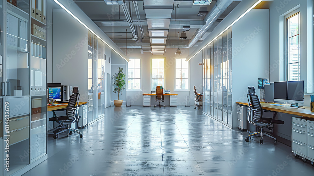 Aufkleber modern office room with many desks and populated with office stuff. generative ai.