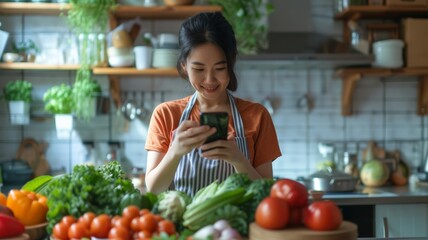 A smiling woman browsing a recipe on her smartphone surrounded by vibrant vegetables in a warm, cozy kitchen setting; suggests health-centric lifestyle or cooking themes.