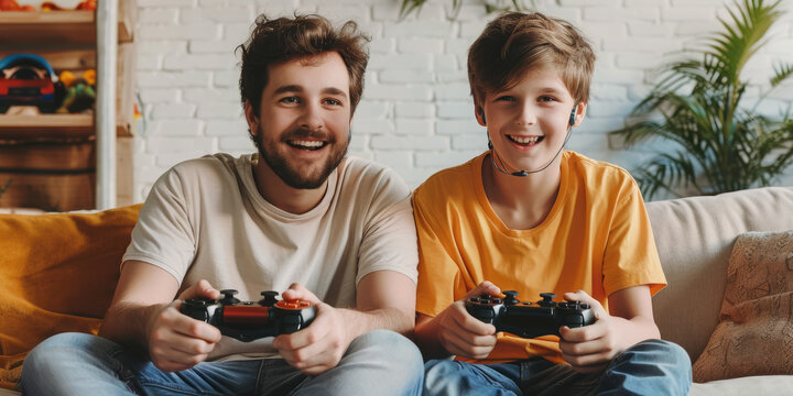 father and son play console, man, boy, joystick, game, house, living room, family, dad, child, kid, room, fun, portrait, smile, time together, day off, father's day, TV, computer, arcade, competition