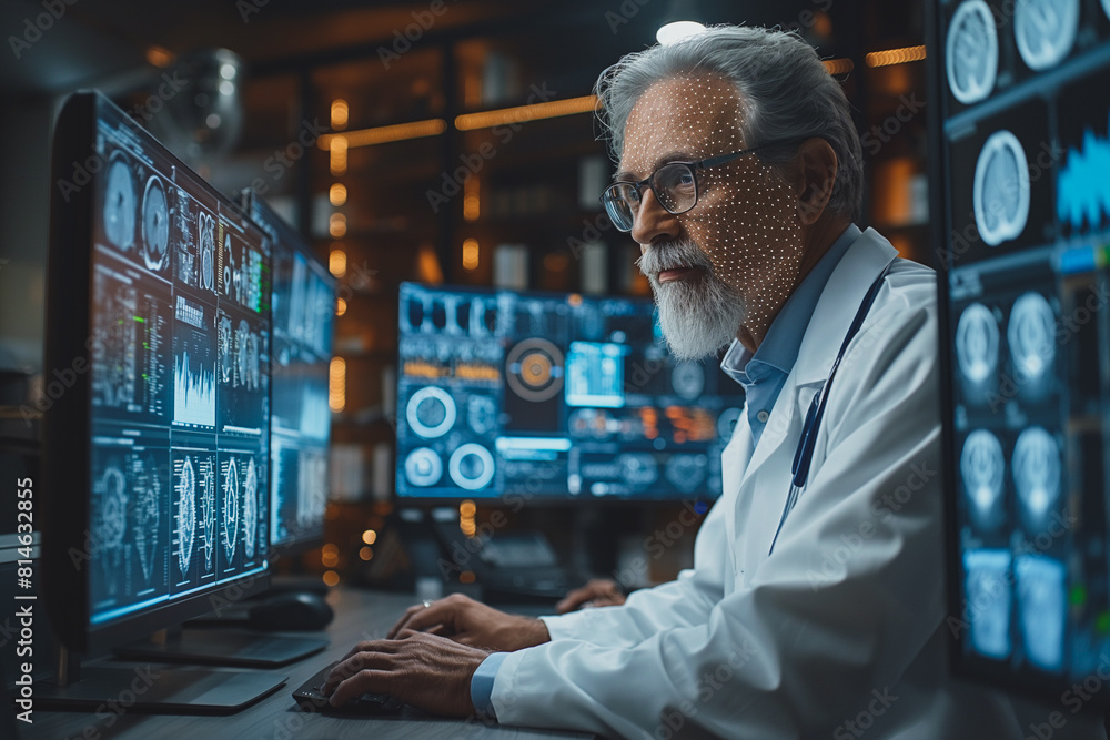 Poster a man in a white lab coat is working on a computer monitor with a lot of data on