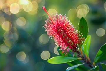A detailed view of a vibrant red Bottlebrush flower blooming on a tree branch. The petals are intricately arranged, showcasing the flowers delicate beauty.