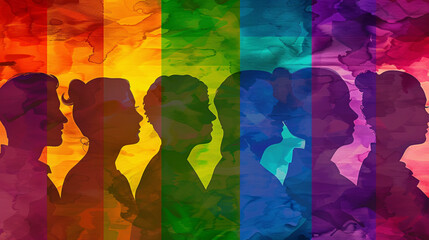 A digital illustration of multicolored silhouettes of men and women's profiles arranged to form the LGBT flag. The profiles are layered to create a sense of unity and support within the LGBT