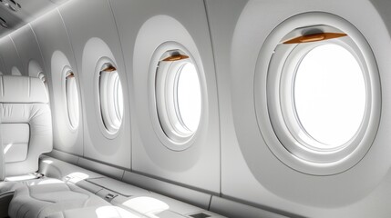 Inside aircraft cabin, windows and business class seats. Generative AI