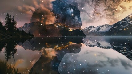 Surreal Double Exposure of Individual Staring at Stars over Glassy Lake.