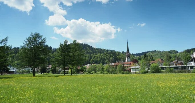 Blick vom Wiesental-weg auf die idyllische Schwarzwaldstadt Sch&ouml;nau und ihren Wiesentaler Dom 'Maria Himmelfahrt' im Stadtzentrum
