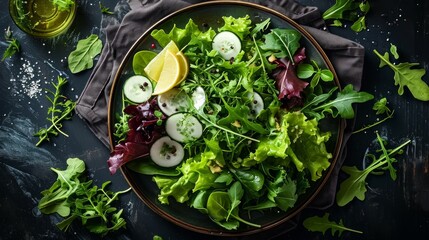 Vegan salad with vegetables and green leaves