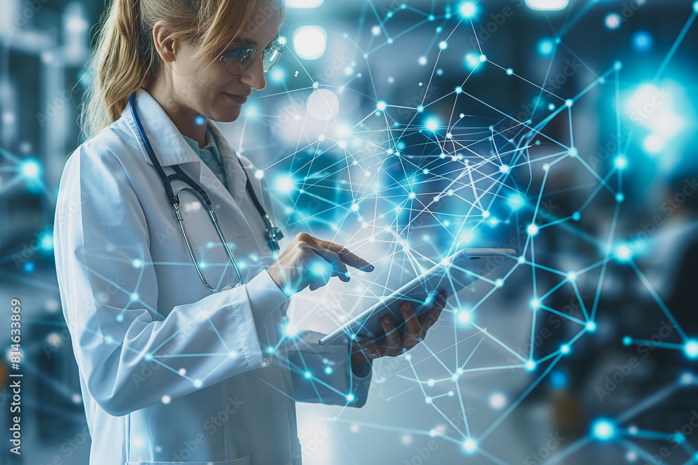 Aufkleber a woman in a white lab coat is using a tablet to look at a computer screen with