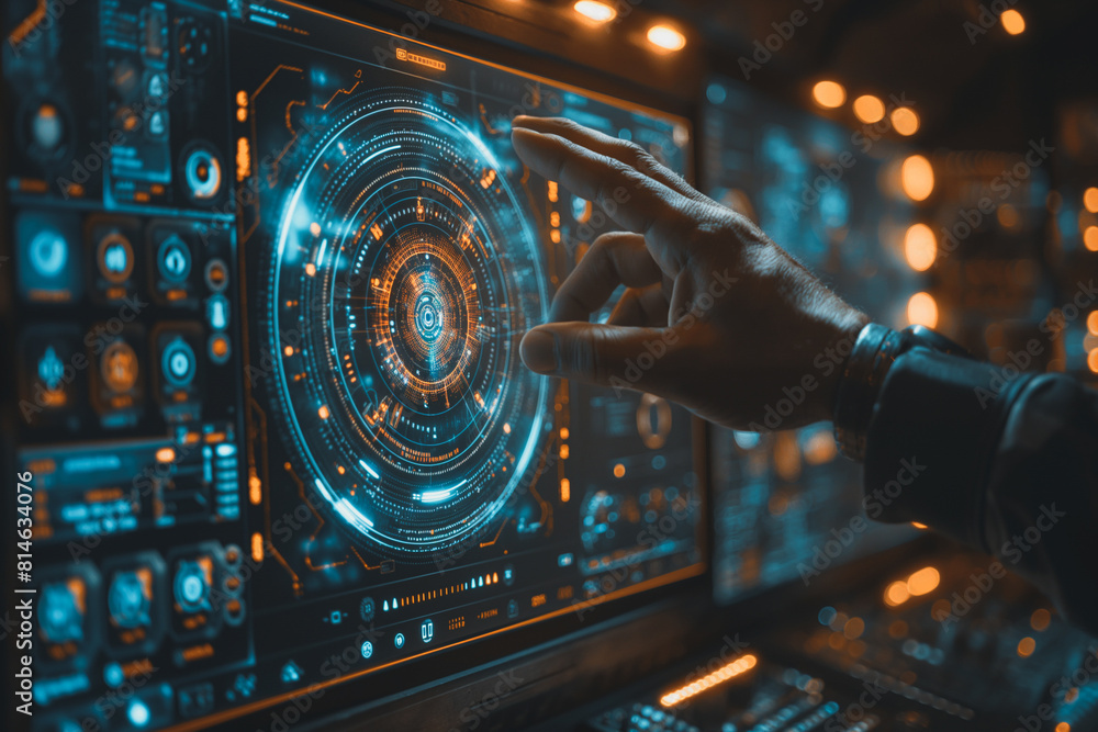 Poster a person is pointing at a glowing circle on a computer screen