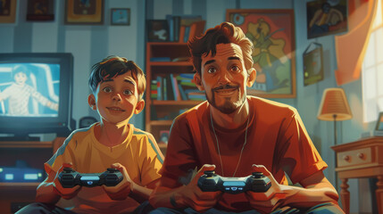 father and son play console, man, boy, joystick, game, house, living room, family, dad, child, kid, room, fun, portrait, smile, time together, day off, father's day, TV, computer, arcade, competition