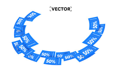 Ring of flying 3d coupons, isolated on white background. Coupon code giveaway. 3d Voucher promotion with percentage off. Special promotion banner. Vector illustration. Vector illustration