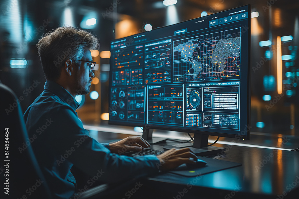 Poster a man is sitting in front of a computer monitor with a keyboard