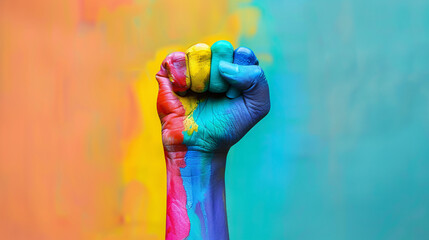 A powerful image of a raised fist painted with the rainbow colors, symbolizing the fight for LGBTQ+ rights