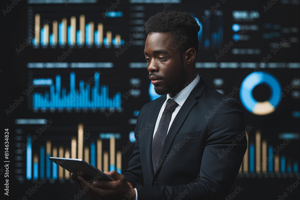Poster a man in a suit is looking at a tablet with a lot of graphs on it