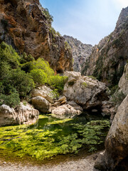 Torrent de Pareis canyon riverbed with Gorg Dolç pond set against Puig de ses Abelles mountain, challenging yet rewarding hiking trail, ideal for unique outdoor adventures and travel experiences.