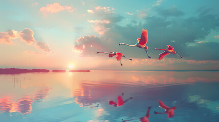 Flamingos bird fly across the sea sky and clouds background
