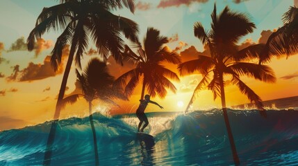 Ethereal Surfing Sunset Double Exposure with Palm Trees