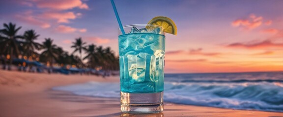 Blue beach cocktail in the sand by the sea. Alcoholic drink with a straw and lemon in the waves of the ocean at sunset. A tasty drink in a glass on the beach. Presentation, poster, banner, media, bg