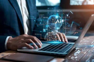 Business man using artificial intelligence (AI) at work. AI-powered futuristic technology transformation